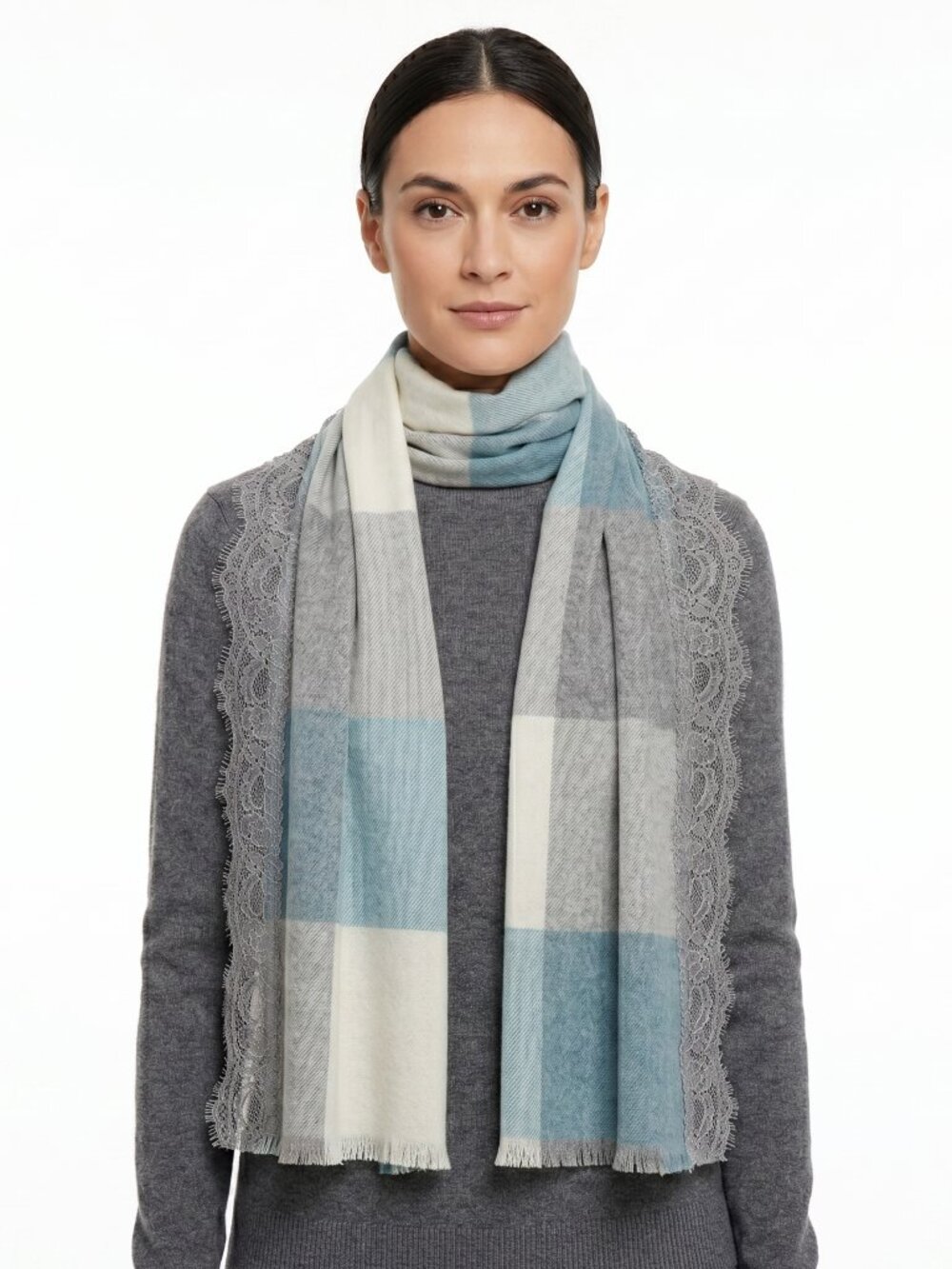 *Fraas Cashmere Blue & Grey Plaid Scarf with Lace Trim